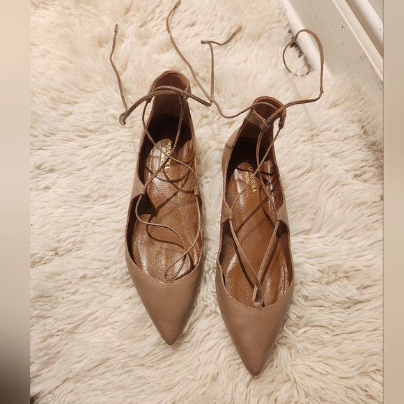 Aquazzura Christie Pointed toe Ankle wrap Flats Size Eu39 Tan - Picture 2 of 9